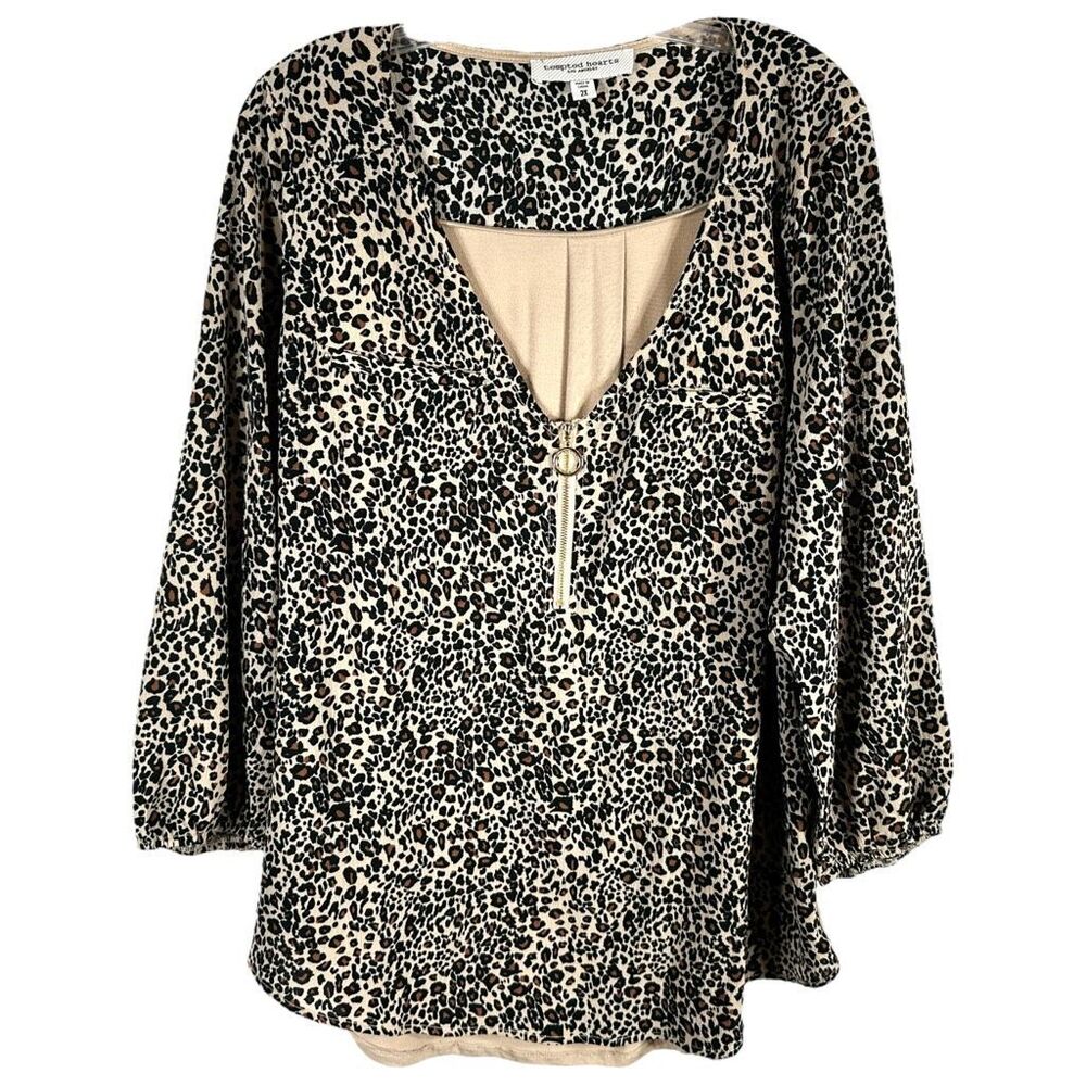Tempted Hearts Plus Size 2X Top Leopard‎ Print Zipper V Neck Solid Back 1224